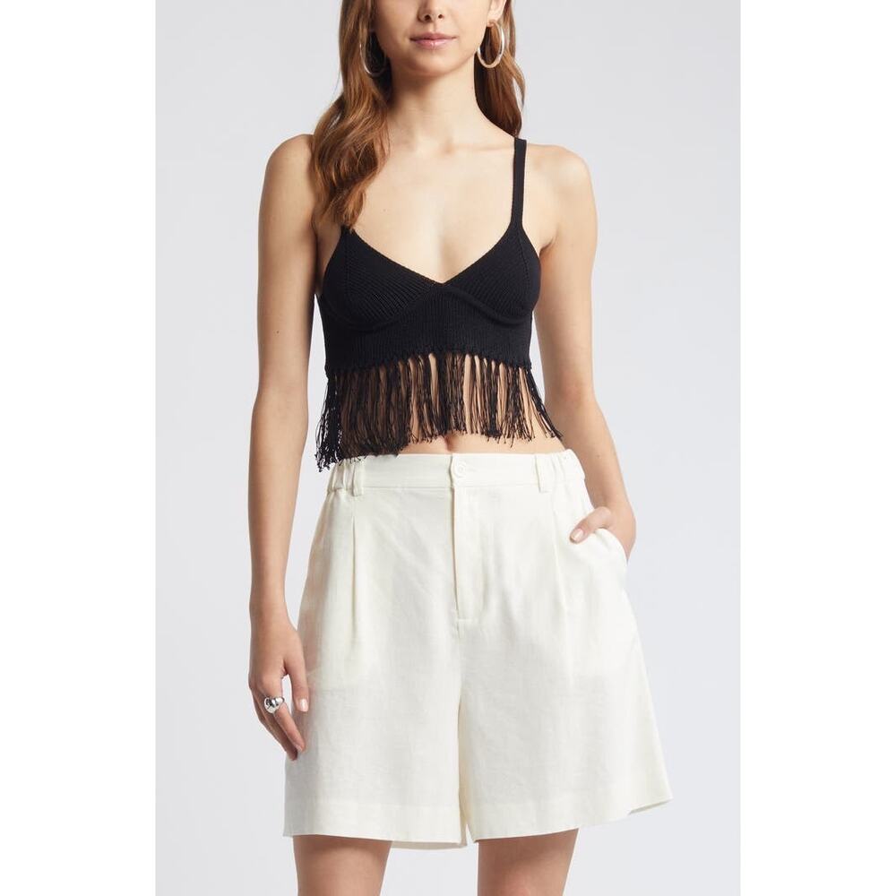 Open Edit Fringe Sweater Bralette Black Knit Crop Festival Boho Nordstrom M NWT - Picture 2 of 10